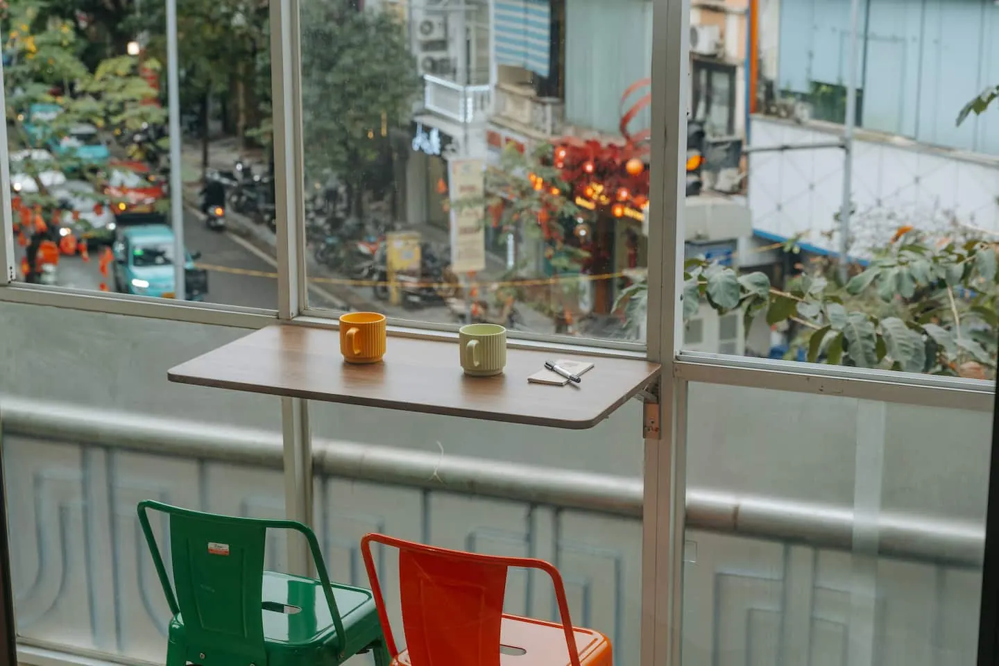 Coffee table on the private balcony overlooking the street